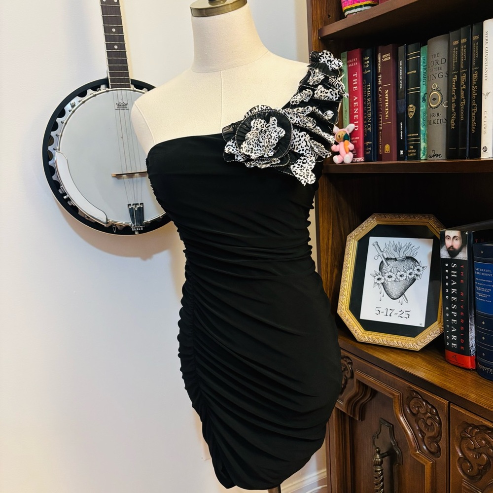 Y2K DEB One Shoulder Ruched Mini Dress Party Leopard Print Floral Appliqué SZ M